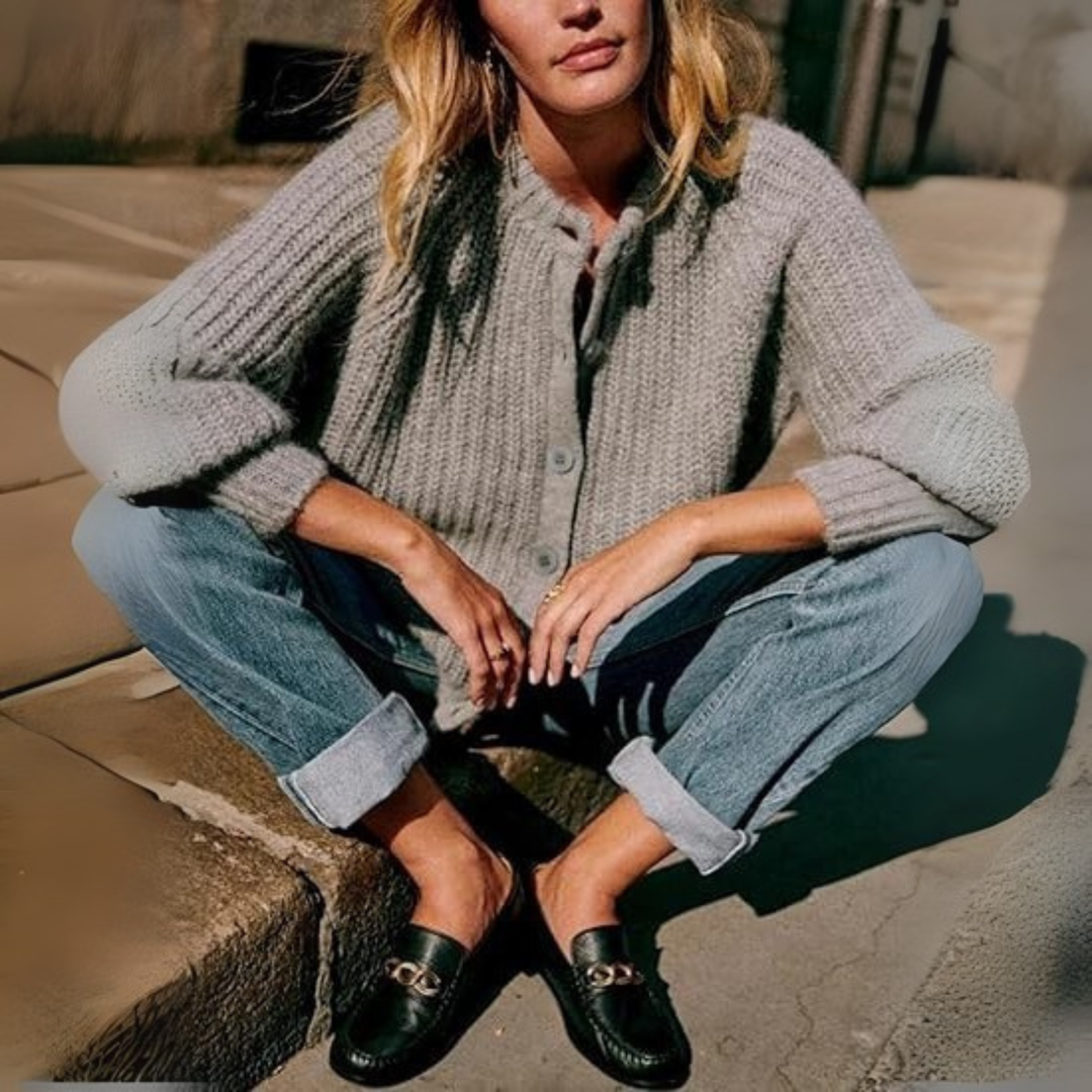 ELOWEN | Comfy Plain Button Down Long Sleeve Round Neck Cardigan