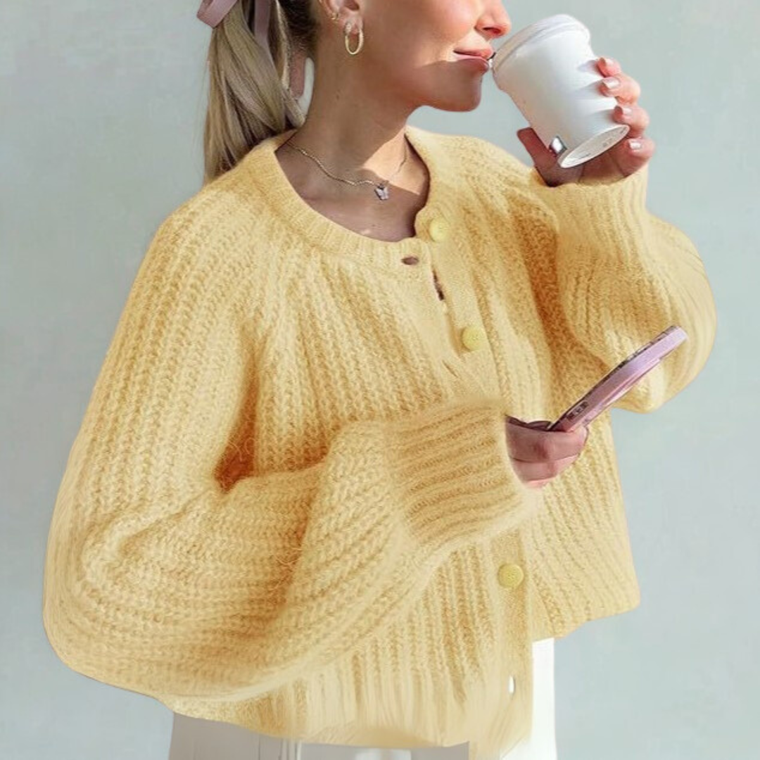 ELOWEN | Comfy Plain Button Down Long Sleeve Round Neck Cardigan
