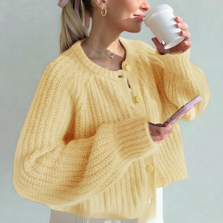ELOWEN | Comfy Plain Button Down Long Sleeve Round Neck Cardigan