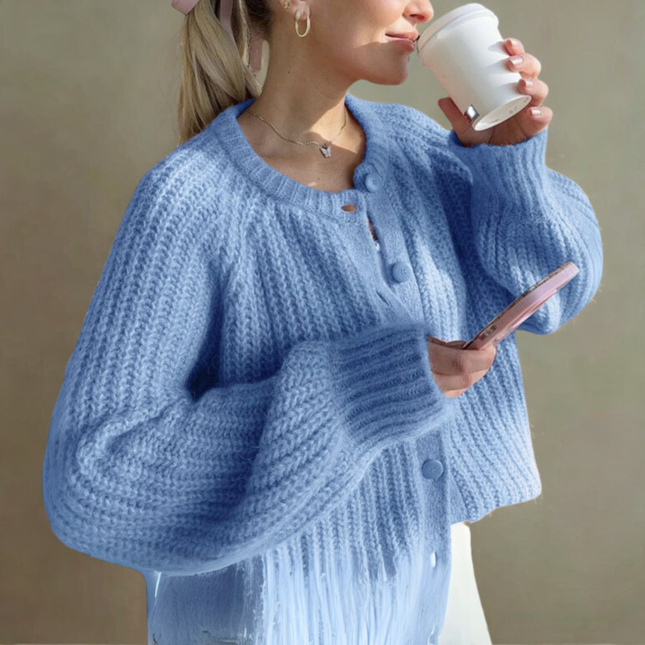 ELOWEN | Comfy Plain Button Down Long Sleeve Round Neck Cardigan