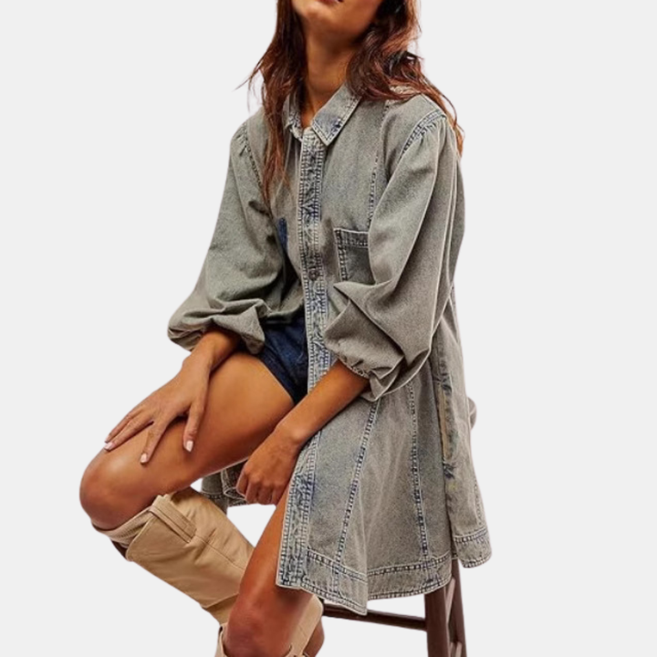 Robe chemise en jean courte pour femme, manches ballon et coupe évasée