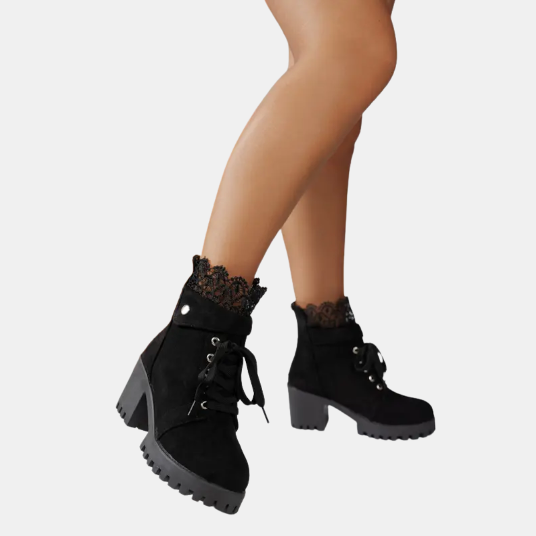 Bottines femme à lacets et talon carré, plateforme et dentelle festonnée
