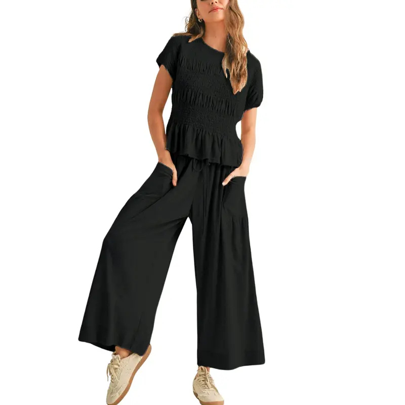 LORRY | Casual Boho Inspired 2-Piece Smocked Top and Wide Leg Pants Set