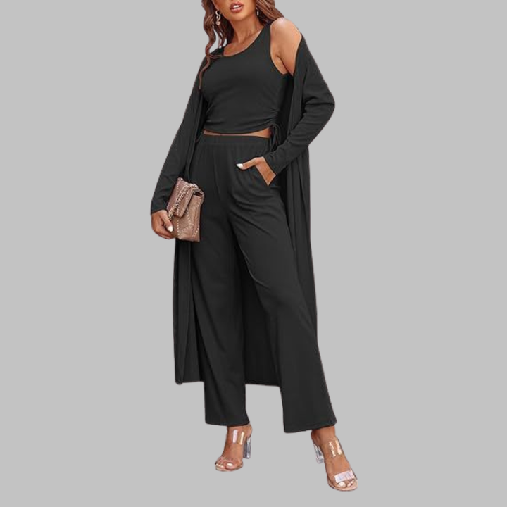 SANORA | Casual Lightweight Three Piece Long Cardigan Drawstring Top and Pants Sleepwear