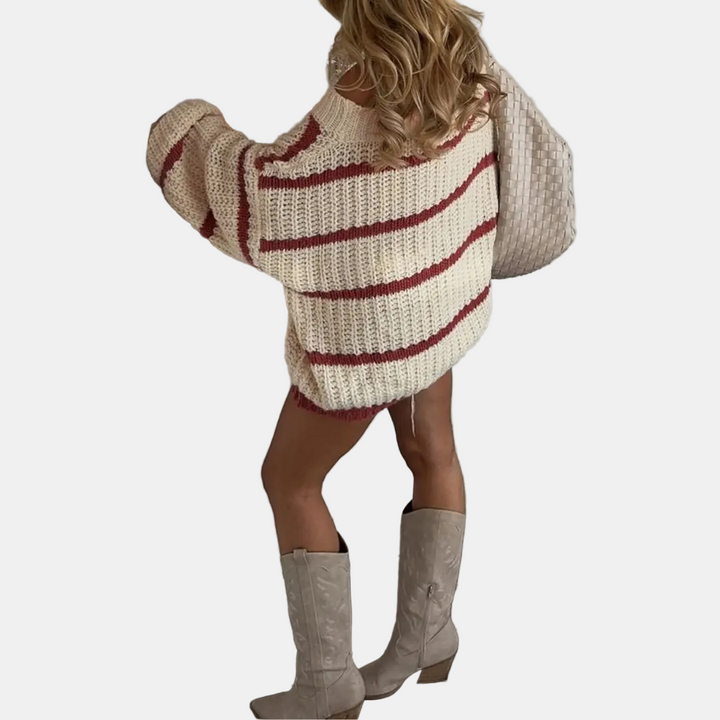 Women's Oversized Off Shoulder Striped Knit Pullover Sweater