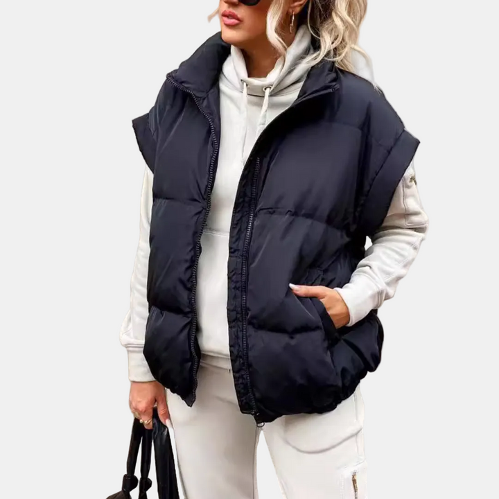 Women's Quilted Puffer Vest with Stand Collar and Front Zip