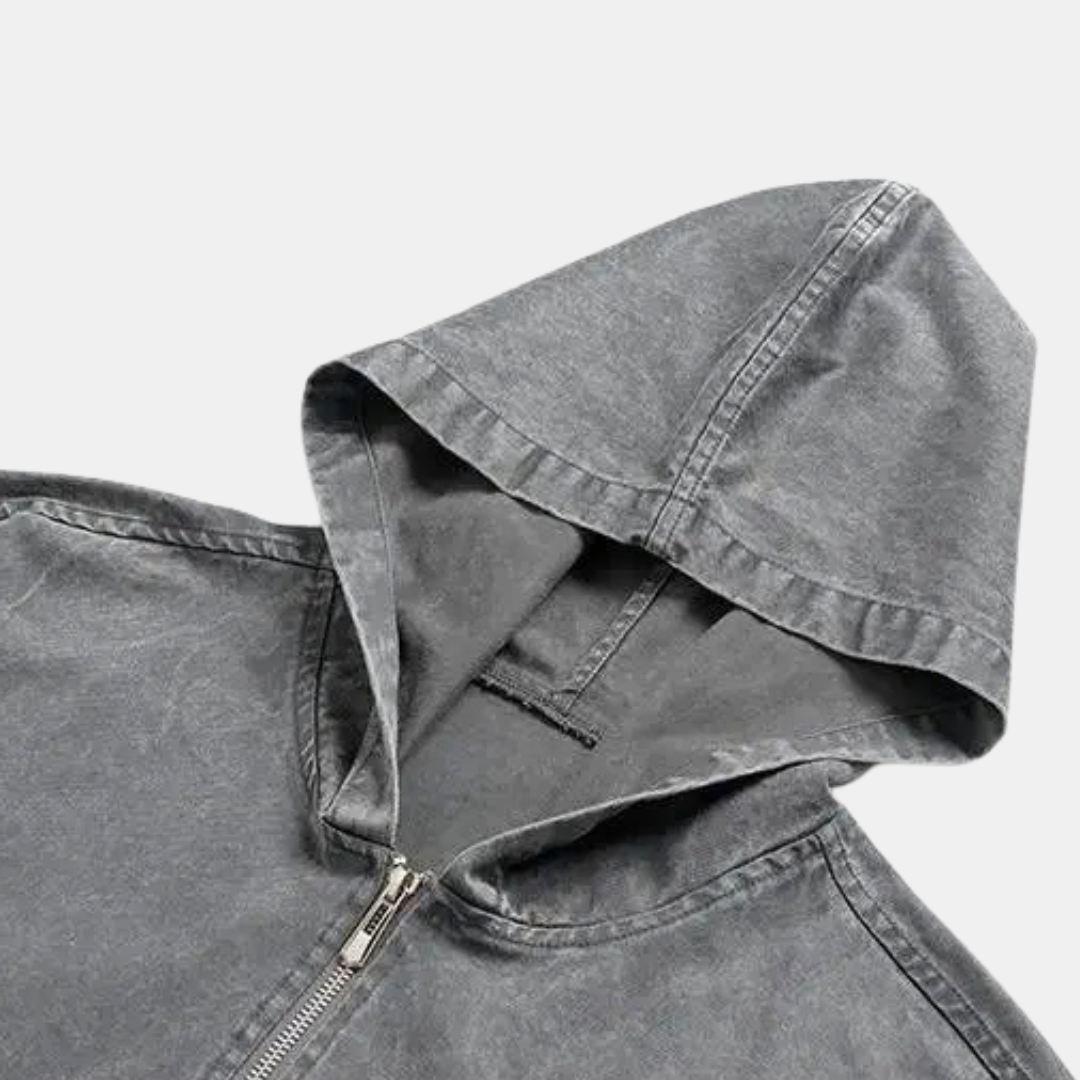 Veste femme mi-saison oversize en jean à capuche, demi-zip et cordons