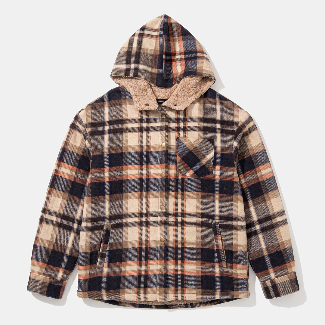 Women's Flannel Hooded Plaid Shacket Fleece Lined Coat
