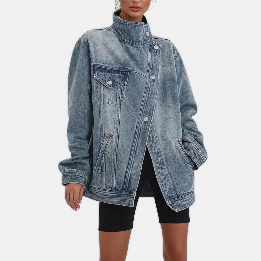 Women's Asymmetrical Button Front Washed Denim Jacket