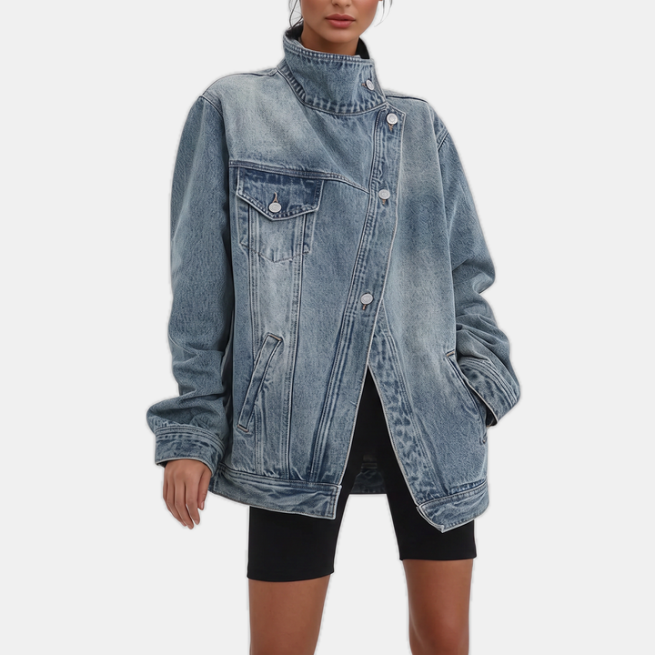 Women's Asymmetrical Button Front Washed Denim Jacket