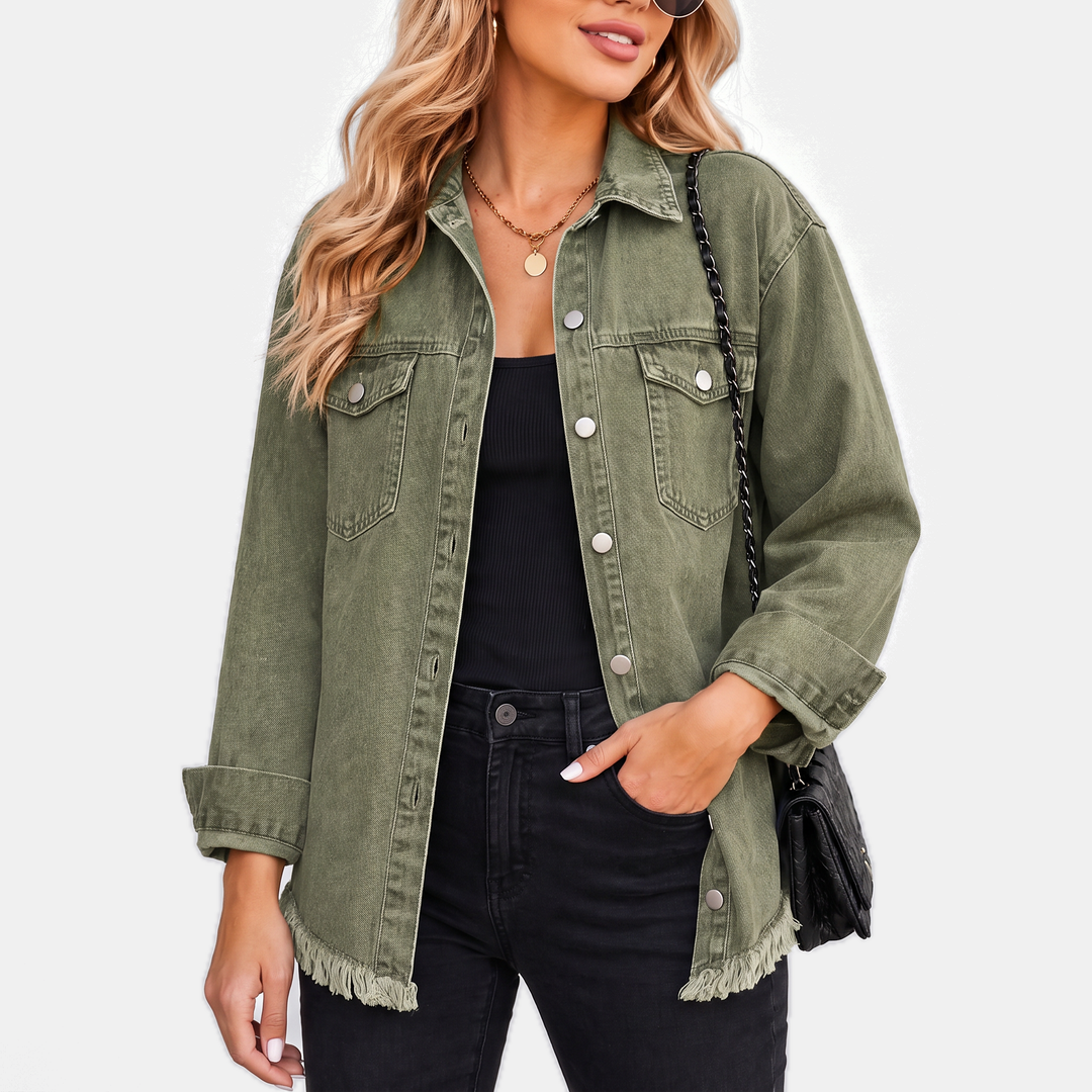 Women's Raw Hem Snap Button Washed Denim Jacket