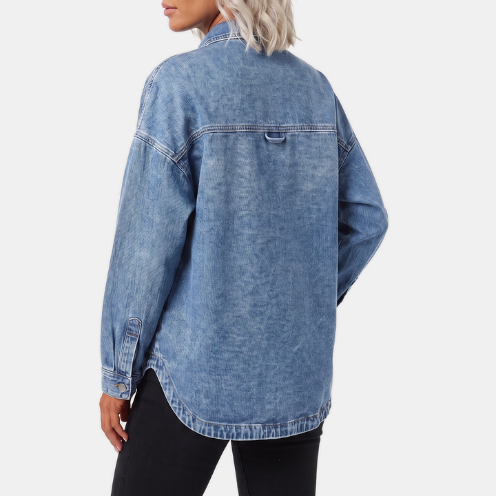 Women's Oversized Button Down Washed Denim Jacket Long Sleeve