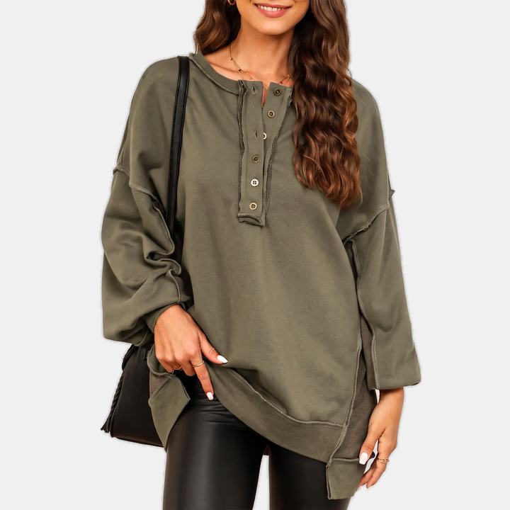Women's Oversized Hoodie Button Placket Balloon Sleeve Sweatshirt