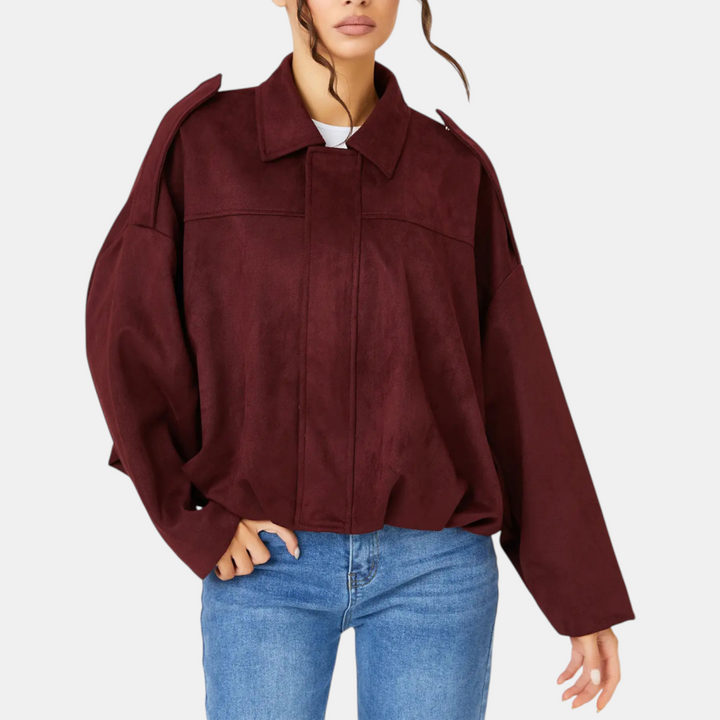 Women's Blouson Hem Batwing Sleeve Suede Aviator Jacket