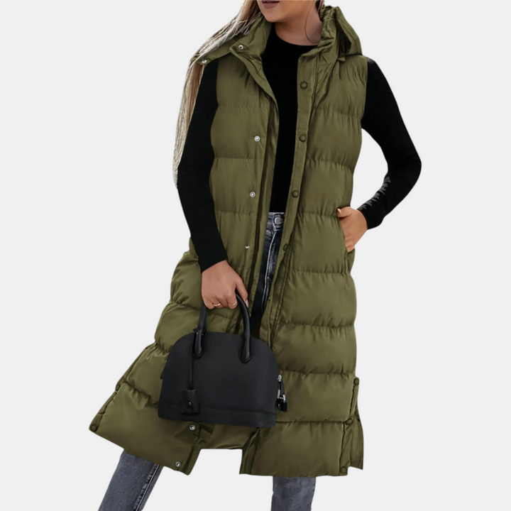 Women's Puffer Vest Quilted Hooded Maxi Length Button Down