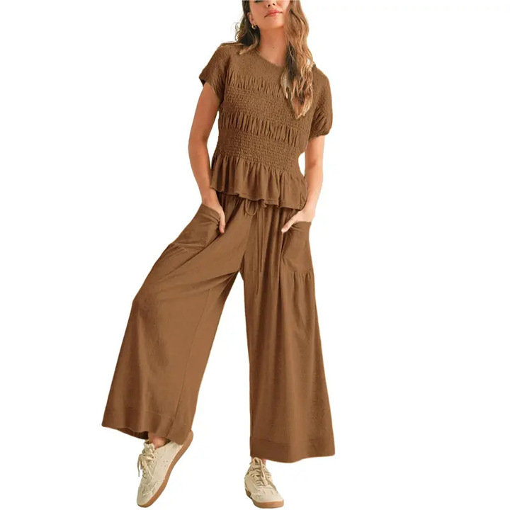 LORRY | Casual Boho Inspired 2-Piece Smocked Top and Wide Leg Pants Set