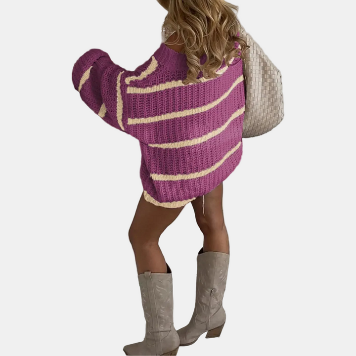 Women's Oversized Off Shoulder Striped Knit Pullover Sweater