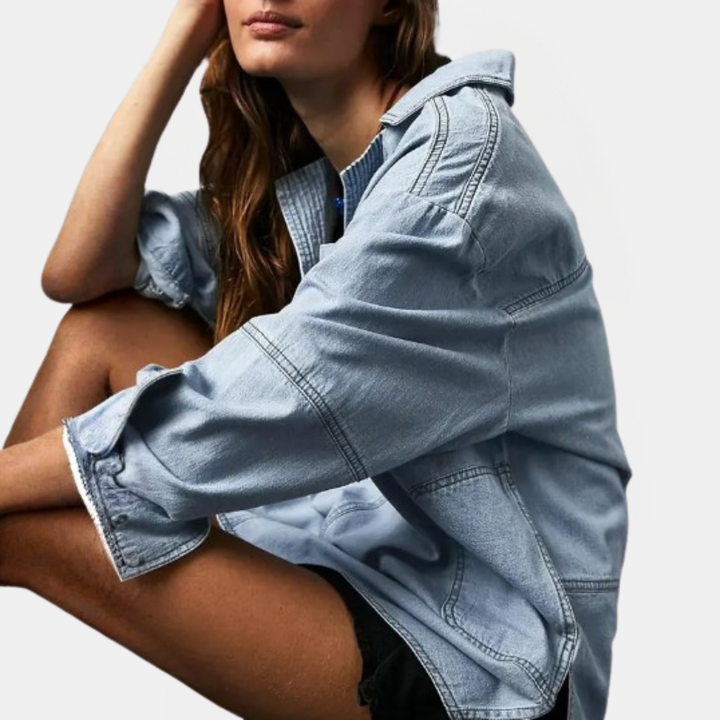 Women's Oversized V-Neck Long Sleeve Denim Shirt