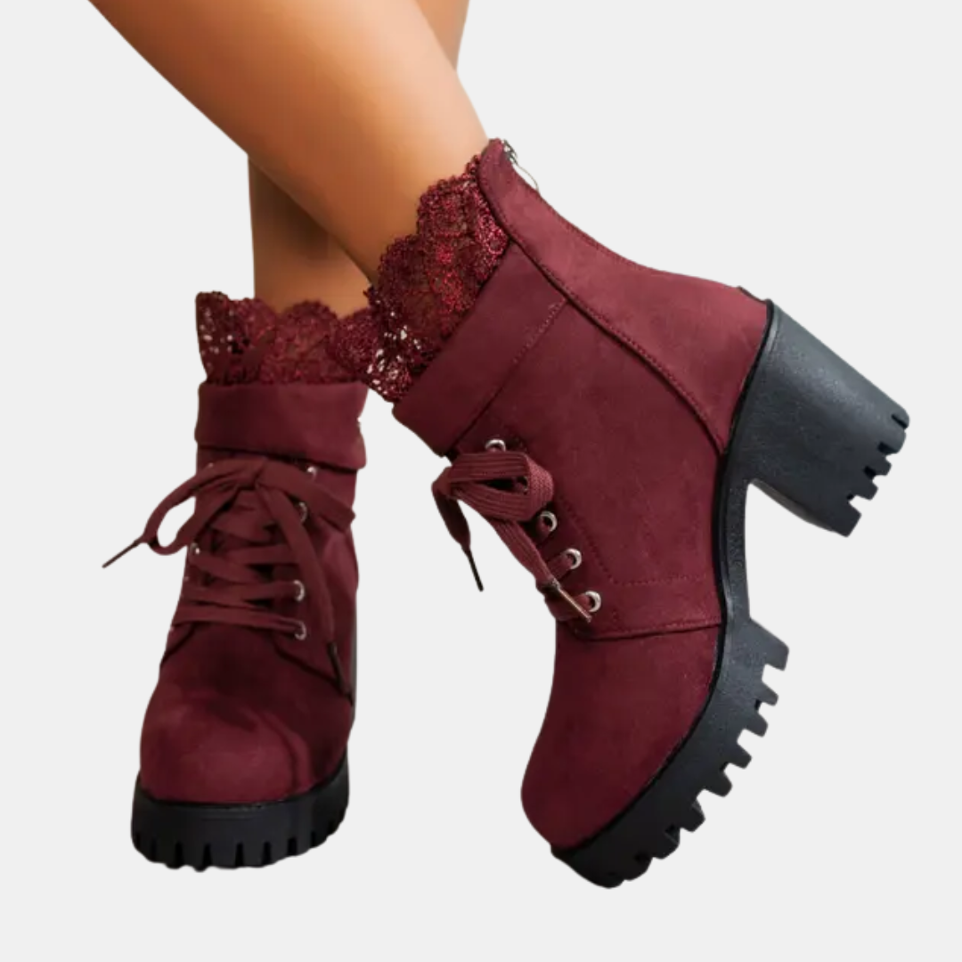 Bottines femme à lacets et talon carré, plateforme et dentelle festonnée