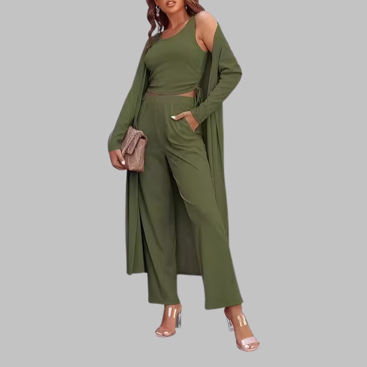 SANORA | Casual Lightweight Three Piece Long Cardigan Drawstring Top and Pants Sleepwear