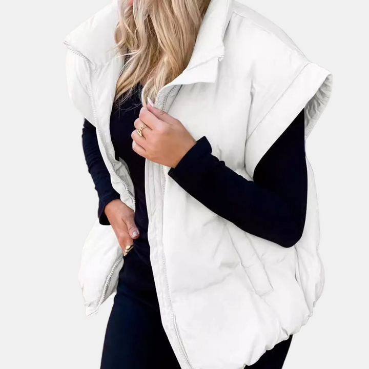 Women's Quilted Puffer Vest with Stand Collar and Front Zip