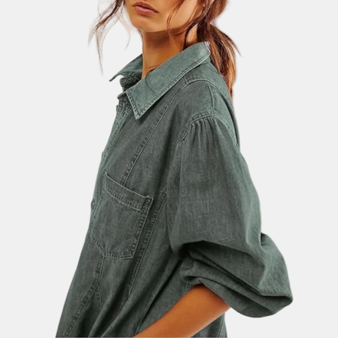 Robe chemise en jean courte pour femme, manches ballon et coupe évasée