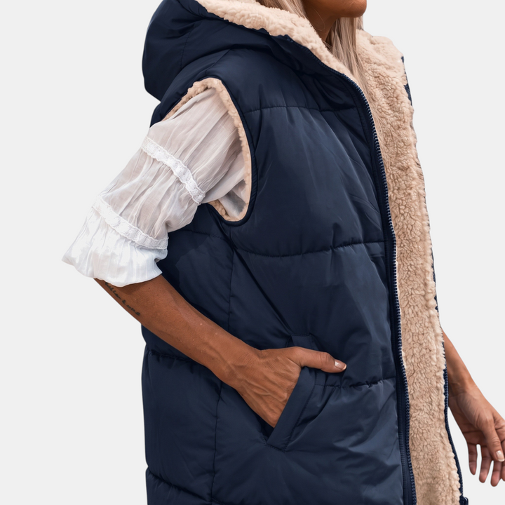 Women's Reversible Puffer Vest Sherpa Lined Hooded Sleeveless Coat
