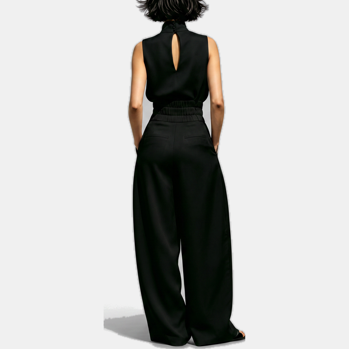 Women's Sleeveless Turtleneck Linen Wide Leg Trouser Co-ord Set