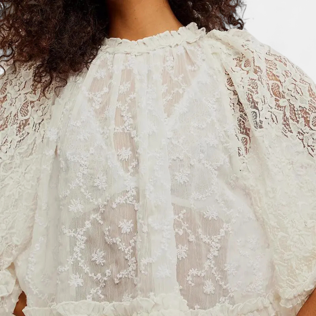 ELARA™ – Sheer Lace Flared Sleeve Top