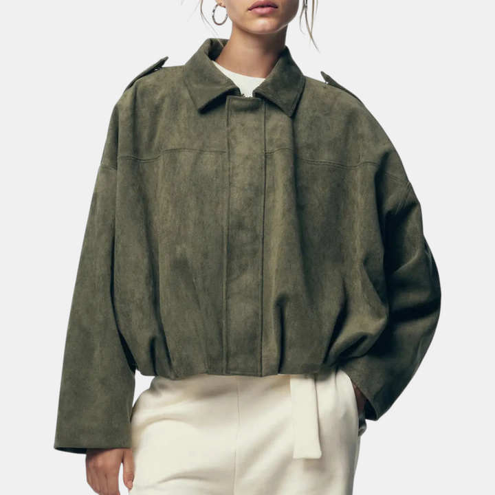 Women's Blouson Hem Batwing Sleeve Suede Aviator Jacket