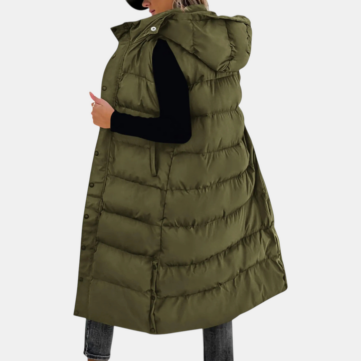 Women's Puffer Vest Quilted Hooded Maxi Length Button Down