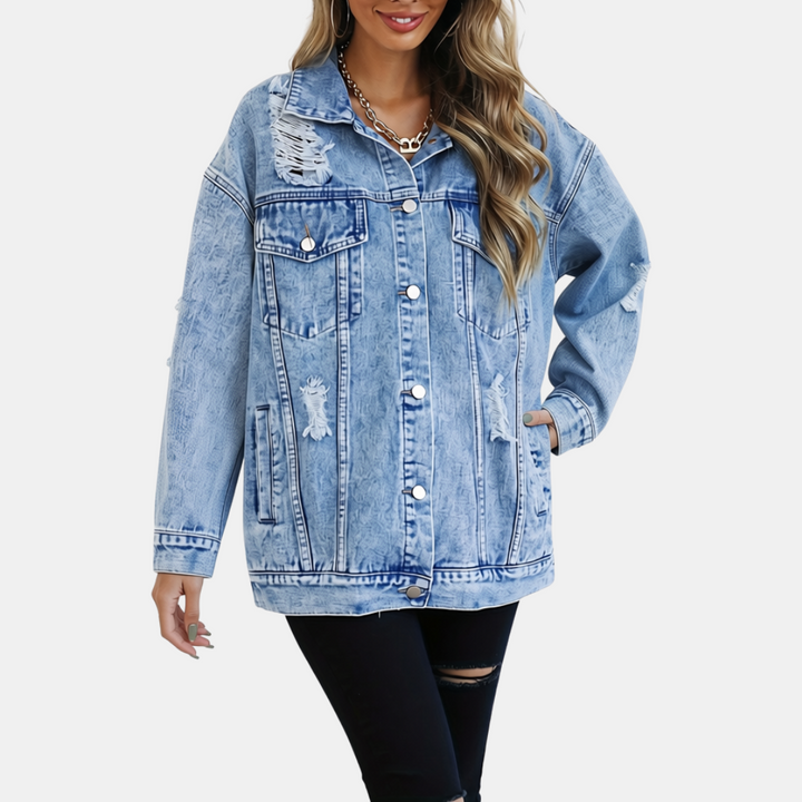 Veste en jean femme oversize et longue, délavée pour la mi-saison