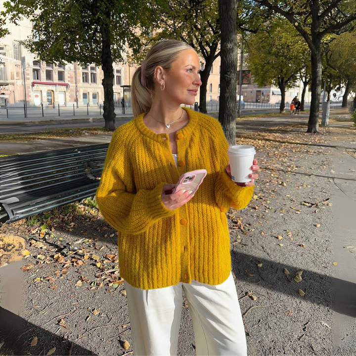 ELOWEN | Comfy Plain Button Down Long Sleeve Round Neck Cardigan