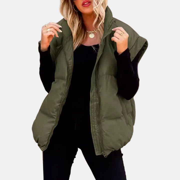 Women's Quilted Puffer Vest with Stand Collar and Front Zip