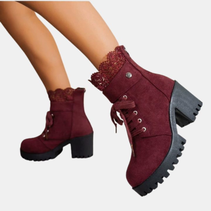Bottines femme à lacets et talon carré, plateforme et dentelle festonnée