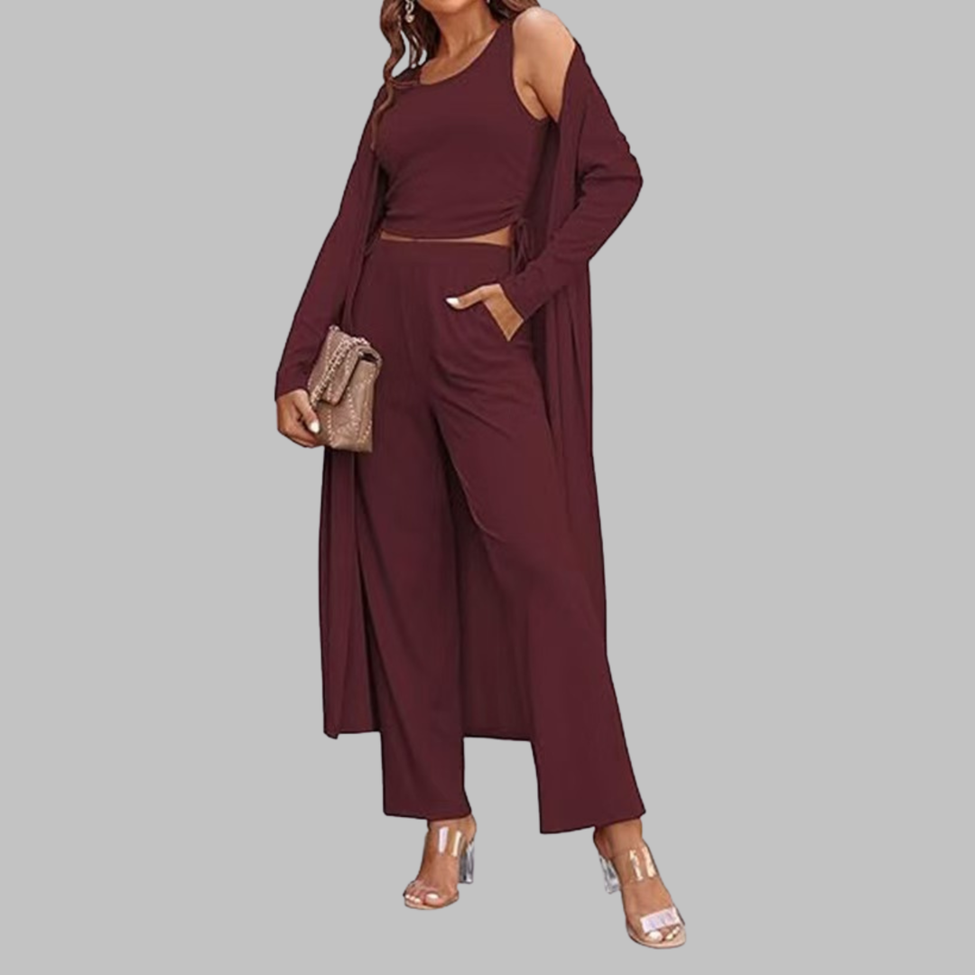 SANORA | Casual Lightweight Three Piece Long Cardigan Drawstring Top and Pants Sleepwear