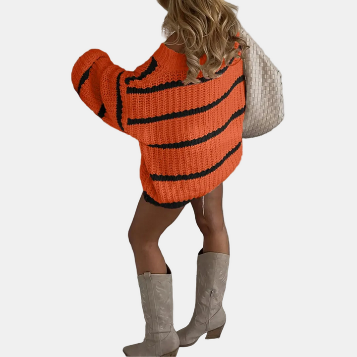 Women's Oversized Off Shoulder Striped Knit Pullover Sweater