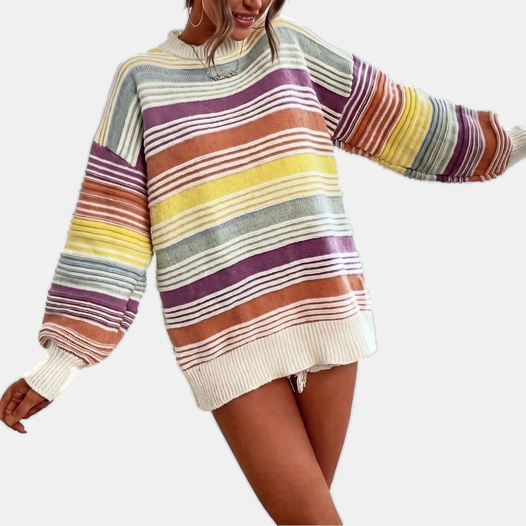 Women's Oversized Balloon Sleeve Striped Knit Sweater