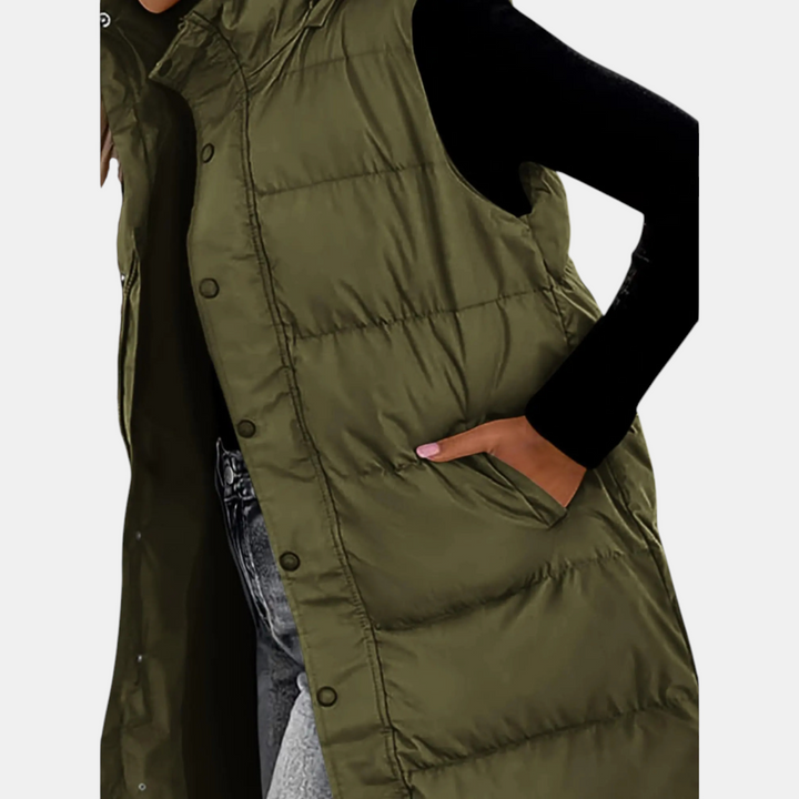 Women's Puffer Vest Quilted Hooded Maxi Length Button Down
