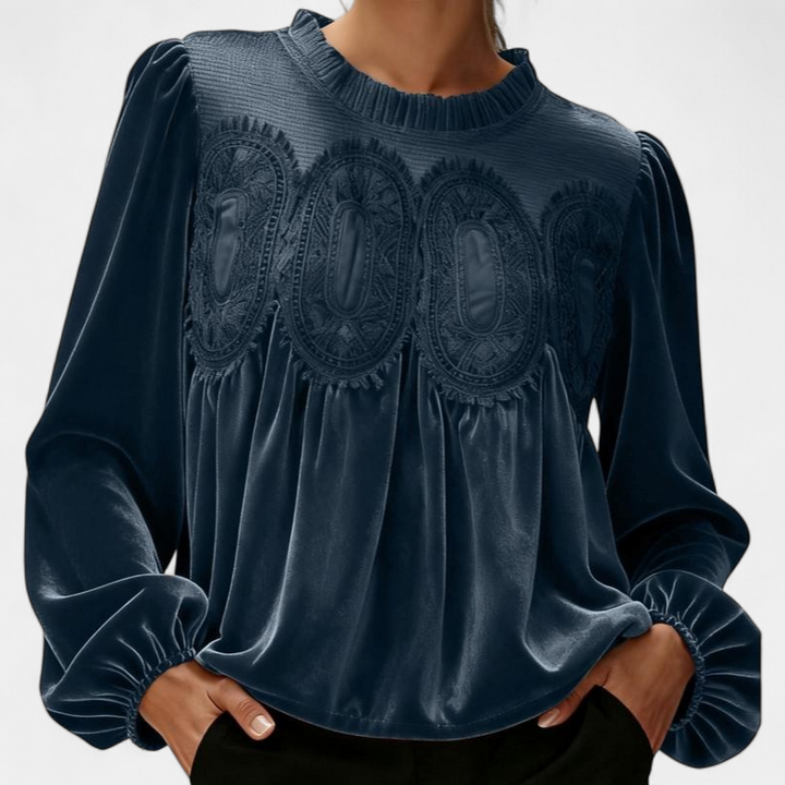 ISABELLA | Women Velvet Trim Lace Flared Blouse Top