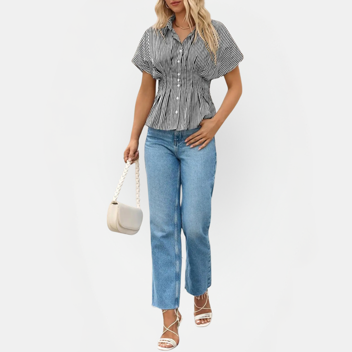 Women's Batwing Sleeve Peplum Hem Button Front Blouse