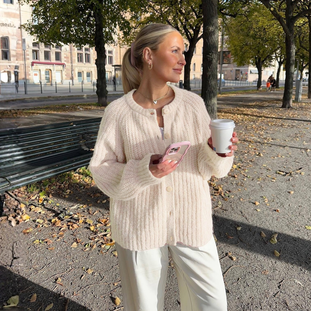 ELOWEN | Comfy Plain Button Down Long Sleeve Round Neck Cardigan