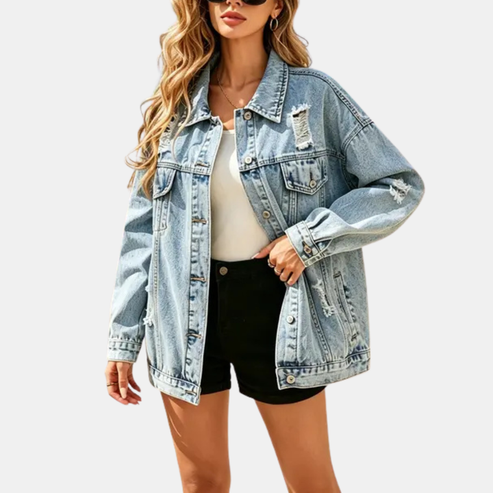 Veste en jean femme oversize et longue, délavée pour la mi-saison