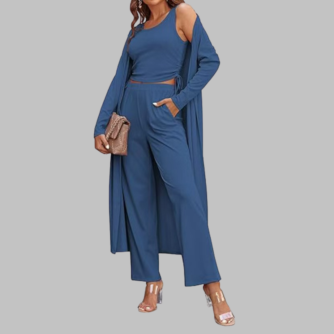 SANORA | Casual Lightweight Three Piece Long Cardigan Drawstring Top and Pants Sleepwear
