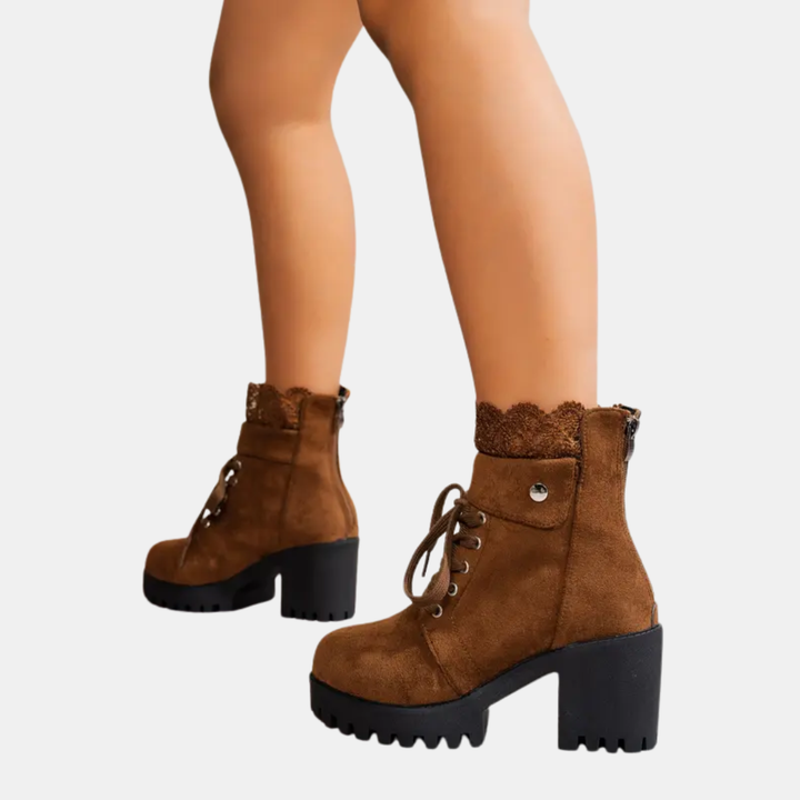 Bottines femme à lacets et talon carré, plateforme et dentelle festonnée