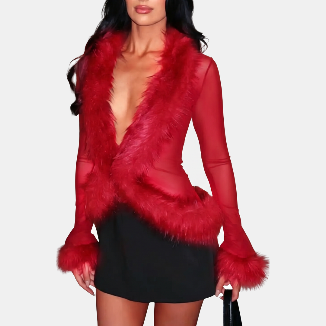 Gilet court femme cache-cœur, manches longues et bordures fausse fourrure