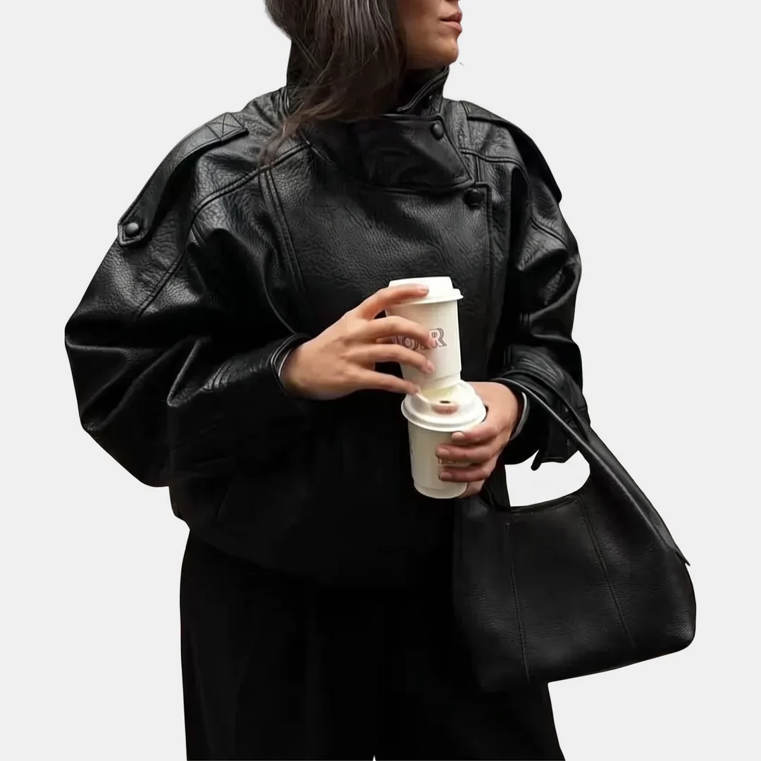 Women's Oversized Faux Leather Jacket with Balloon Sleeves