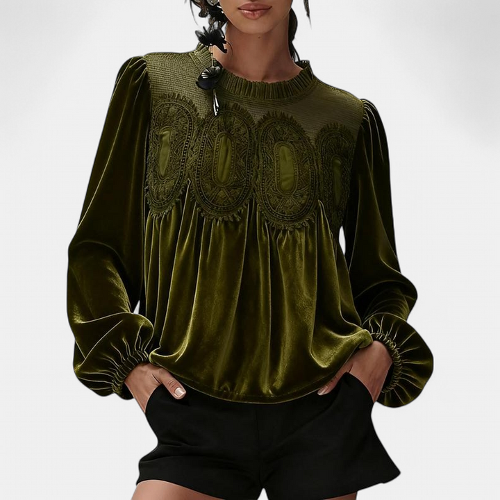 ISABELLA | Women Velvet Trim Lace Flared Blouse Top