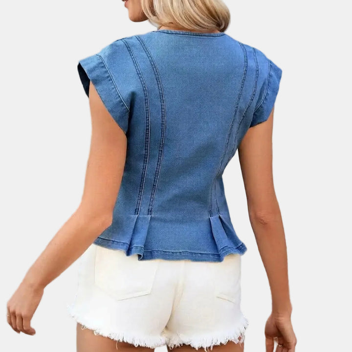Women's Denim Vest Button Front Peplum Sleeveless Top