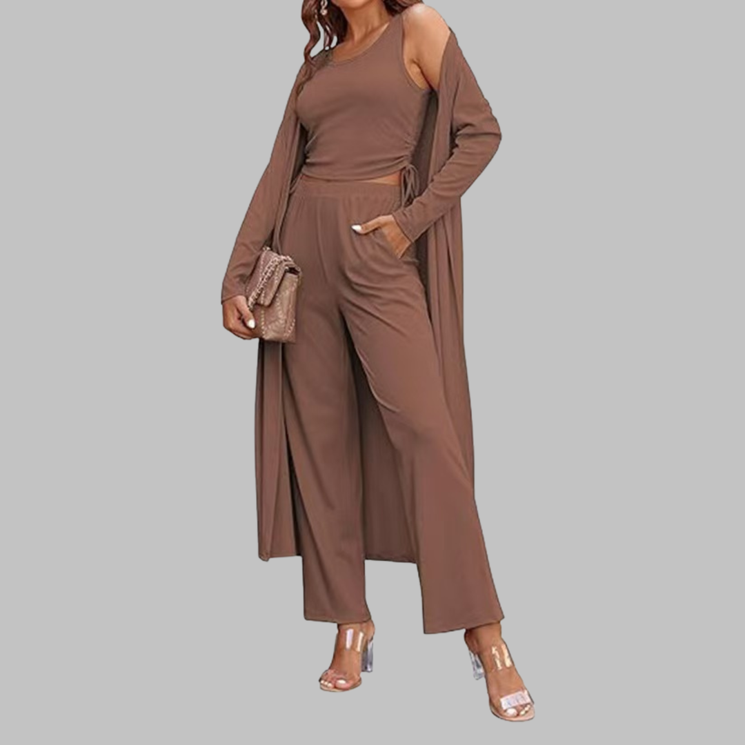 SANORA | Casual Lightweight Three Piece Long Cardigan Drawstring Top and Pants Sleepwear